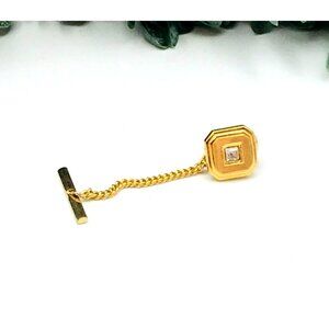 Gold-Tone Tie Tack Pin With Chain & Square Crystal Accent